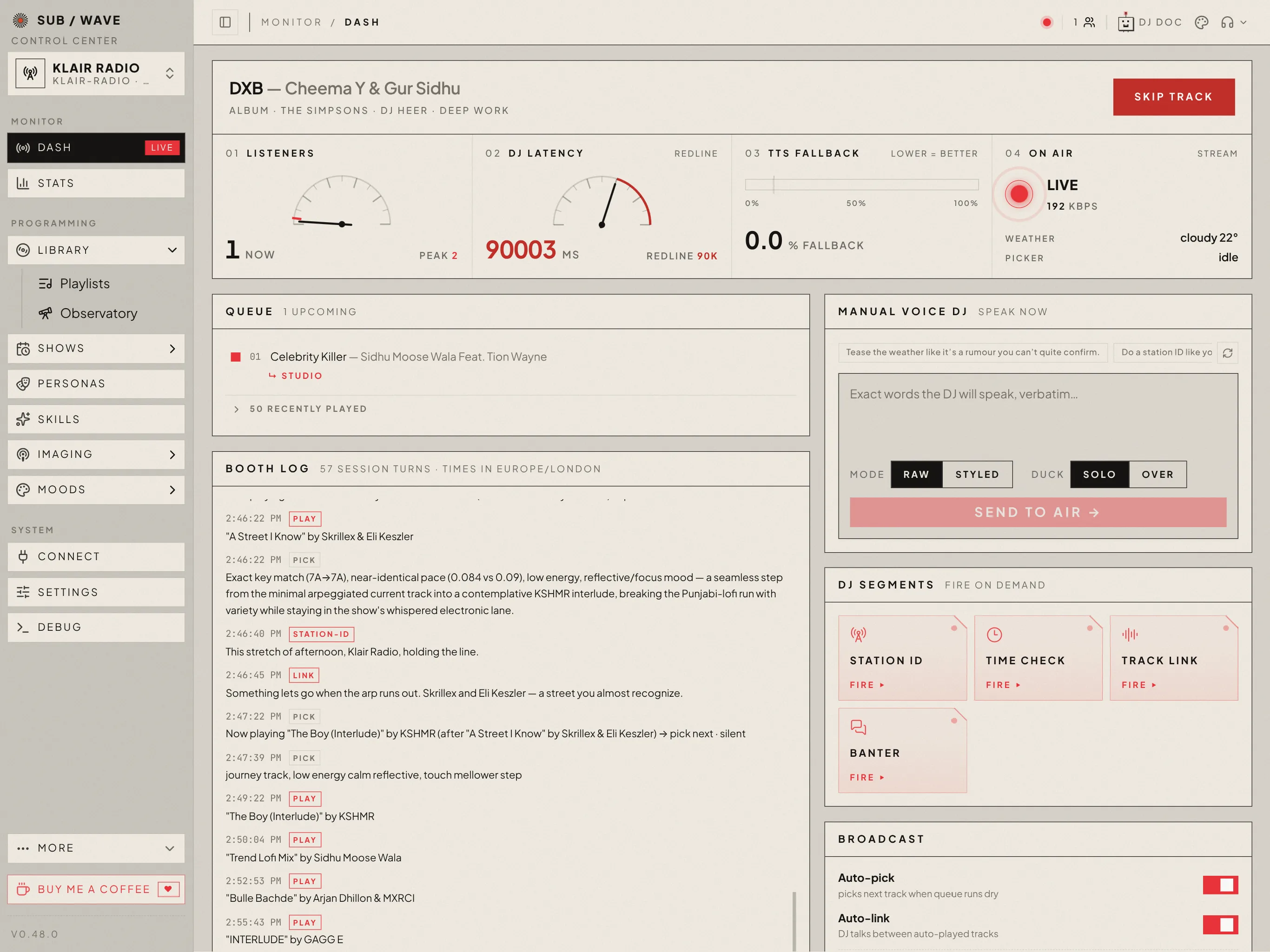 The admin Dash: the track on air with a skip button, gauges for listeners, DJ latency and TTS fallback, the queue and booth log on the left, and manual voice, segment fire pads and broadcast switches on the right