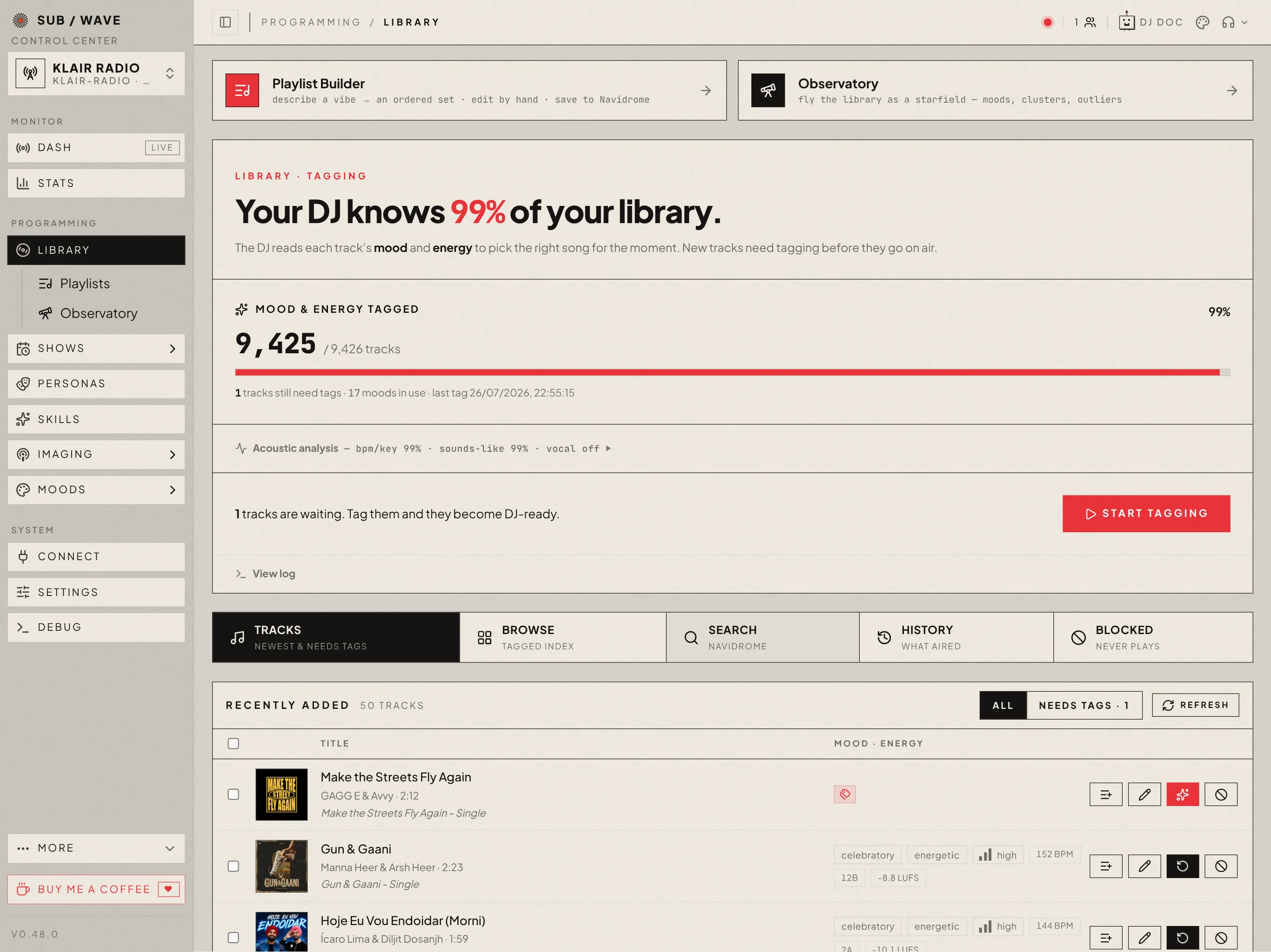 The admin Library page, with a one-line acoustic-analysis strip reading bpm/key 99 percent, sounds-like 99 percent, vocal off, beneath the mood-and-energy tagging bar