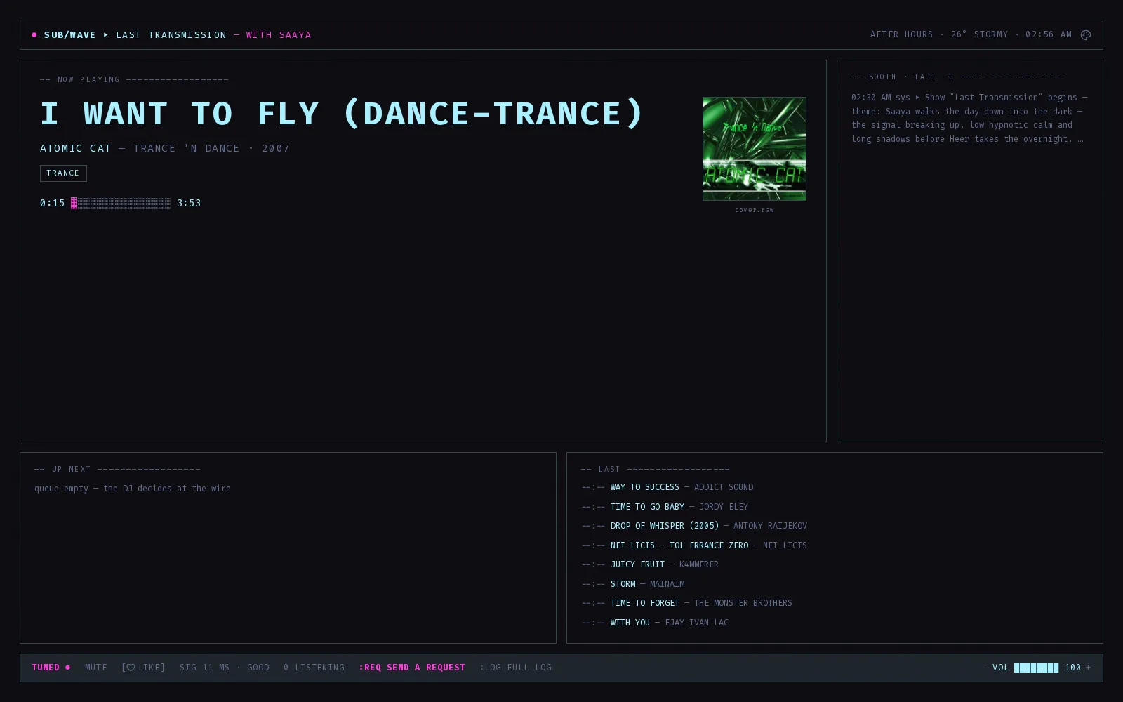 SUB/WAVE player — TTY skin in the Cyberpunk theme
